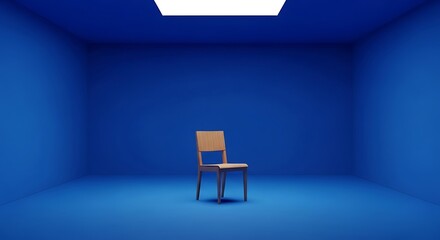 Minimalist blue room interior featuring a solitary wooden chair bathed in natural light highlighting artistic