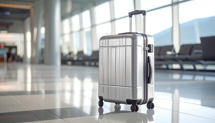 Silver suitcase in airport terminal