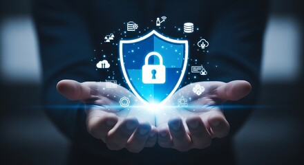 Hands hold glowing shield icon with padlock, symbolizing digital security and protection image
