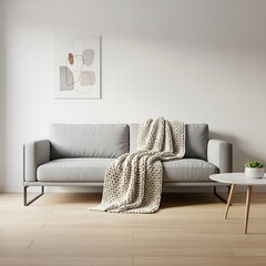 Minimalist living room ambiance featuring a cozy blanket draped over a comfortable grey sofa and wall art