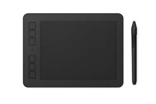 Black graphic tablet device with stylus pen for drawing