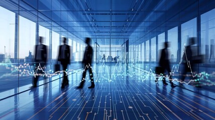 Silhouetted business professionals in a modern office with a data visualization overlay, conveying growth and innovation.