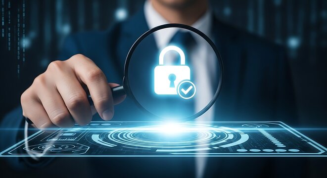 Magnifying glass over glowing padlock icon on digital interface security privacy