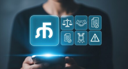 Person holding smartphone with Georgian Lari currency and legal icons mobile phone technology