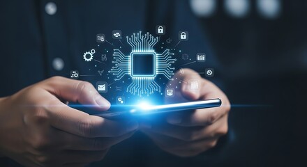 Person holding smartphone with glowing circuit board and icons technology mobile