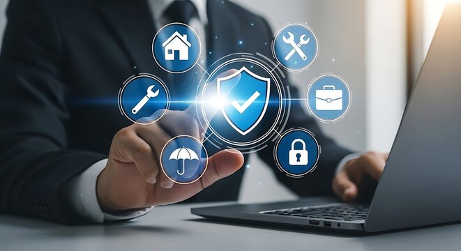 Person interacting with a digital shield icon surrounded by service icons security protection
