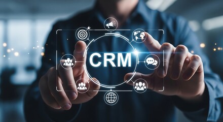 Person touching glowing CRM icon with customer relationship management icons business technology