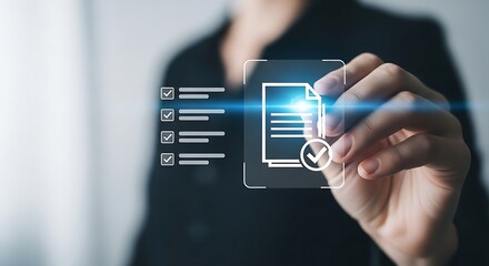 Person touching digital checklist and document with checkmark icon approval confirmation