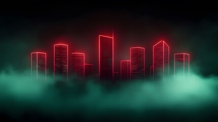 Naklejka premium The image shows a futuristic digital cityscape with red neon outlines of skyscrapers shrouded in a layer of eerie green fog against a dark backdrop.