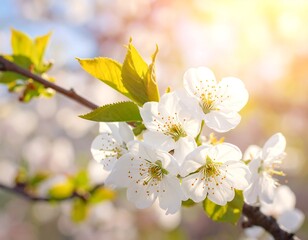 Obraz premium Blossoming cherry branch in sunlight