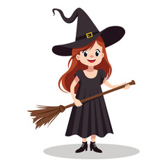 Cute Girl Witch with Broom Halloween Cartoon