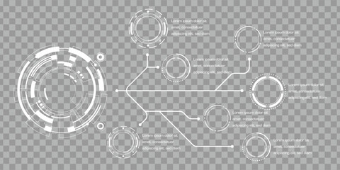 Futuristic HUD circle infographic elements with digital interface design on transparent background