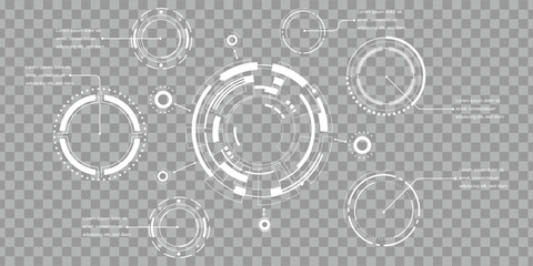 Futuristic HUD circle infographic elements with digital interface design on transparent background