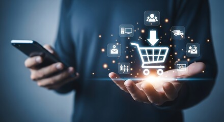 Person Using Smartphone with E-commerce Icons and Shopping Cart Overlay online retail