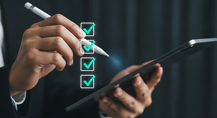 Person using stylus on tablet to check off items on a digital checklist to-do list task