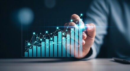 Person's hand draws on a glowing upward trending bar graph with data points chart analytics