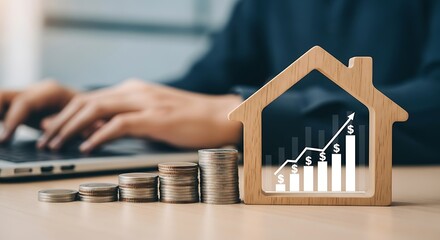 Stacks of Coins and Wooden House with Upward Trend Graph for Real Estate Investment finance