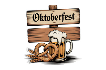 Oktoberfest celebration beer stein pretzels wooden sign traditional german festival drink isolated on transparent background