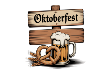 Oktoberfest celebration beer stein pretzels wooden sign traditional german festival drink isolated on transparent background