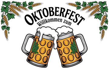 Two frothy beer mugs clinking together amidst green hops decorative elements isolated on transparent background