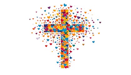 Colorful Hearts Forming Christian Cross.