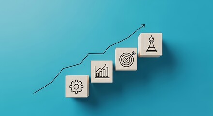 Wooden blocks with business icons forming a rising graph on blue background growth success