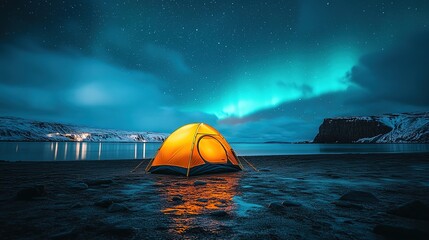 Glowing Yellow Camping Tent Under Green Northern Lights Aurora - Travel Adventure Landscape Background, Photo Composite