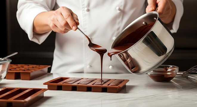 Chef pouring melted chocolate into candy molds for homemade sweets. - Powered by Adobe