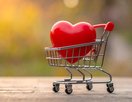 Miniature shopping cart containing a red heart, sits on a wooden surface with a blurred background