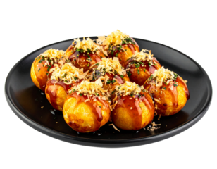  Takoyaki Balls with Sauce and Bonito Flakes Served on Black Plate, Japanese Street Food, Isolated PNG