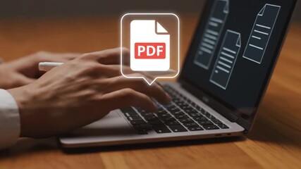 Person using a stylus to interact with a pdf document icon on a laptop screen representing digital document management and online paperwork - Powered by Adobe