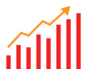 Red bar graph with an upward trending orange arrow indicating positive growth and success