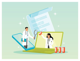 Online medical conferences. Medical Team Analyzing Documents and Prescriptions on Laptop With Tablet.