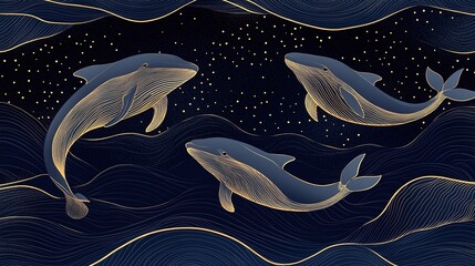 Dark Blue Abstract Vector Illustration with Gold Line Art Whales for Wallpaper Design, Decor, Print, Pattern