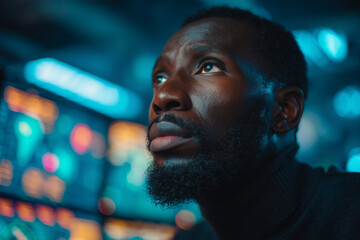 Focused black man looking up in dark room with blue lights