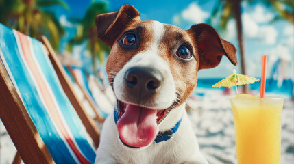 Happy dog with playful expression sits on beach chair next to tropical drink, enjoying sunny day at beach
