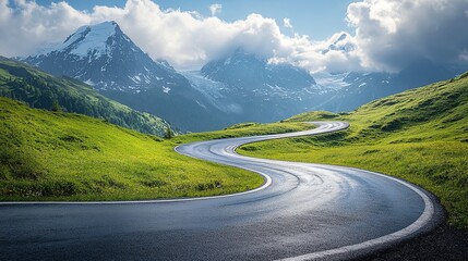 Panoramic View of Grossglockner Alpine Road: Curvy Winding Mountain Road in the Alps with Snow-Capped Peaks and Lush Meadows