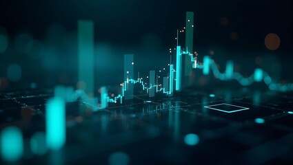 Abstract depiction of financial data with glowing blue and green candlestick charts on a dark background.
