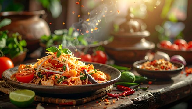 Vibrant Asian salad dish on rustic table