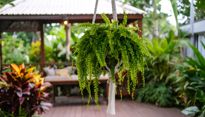 Green Trailing Plant in Macrame Hanger with Wooden Gazebo and Tropical Foliage in Background at Daytime