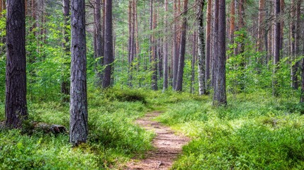 Forest trail surrounded by tall pine trees, eco tourism and natural preservation landscape concept.