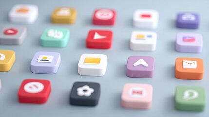 Modern Smartphone Icons and Apps Arrayed in Cinematic Hdr Photography with Soft Lighting and Varied Colors on a Light Blue Background