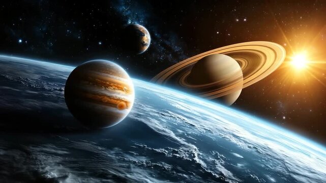 Vivid view of planets in the solar system with Jupiter, Saturn, and the sun shining from space - Powered by Adobe