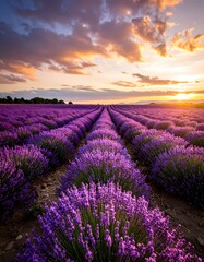 Obraz premium A Stunning Lavender Field at Sunset with Rows of Purple Blooms