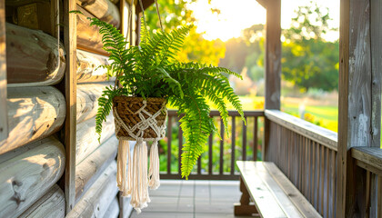 Hanging Green Fern Plant on Wooden Porch with Sunset Backlight and Bench View