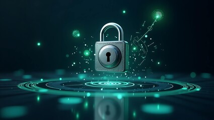 A metallic padlock floating in a digital environment, illuminated by glowing green elements, representing cybersecurity and data protection.