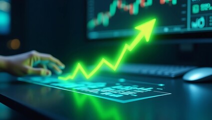 A person's hand reaches for a glowing green upward trend line on a digital interface, symbolizing financial success and growth.