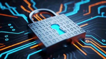 Secure digital data with glowing binary code padlock on futuristic circuit board, representing cybersecurity and technology protection - Powered by Adobe