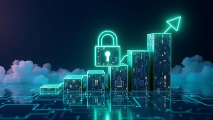 A modern digital concept featuring glowing security locks and ascending graphs, symbolizing growth in cybersecurity and data protection.
