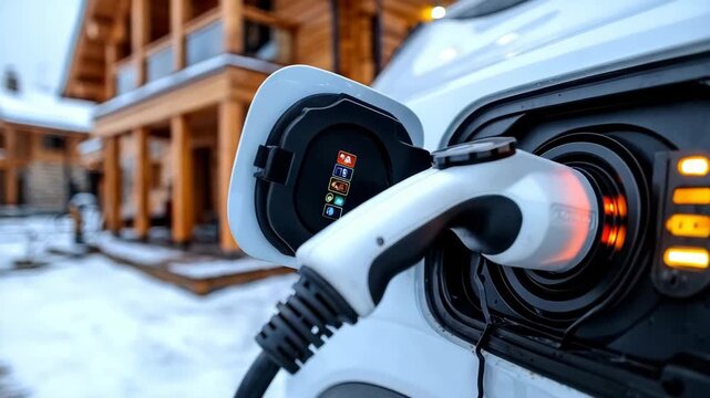Charging an electric vehicle in a snowy location near wooden cabins during winter